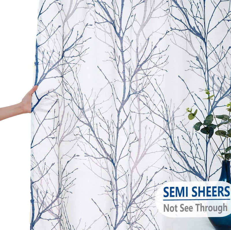 FMFUNCTEX Blue White Curtains 50" X 45" for Kitchen Living Room Tree Branch Print Wrinkle- Free Small Linen Texture Semi Sheer Window Panels for Bedroom 2 Panels, Grommet Top - Image 5
